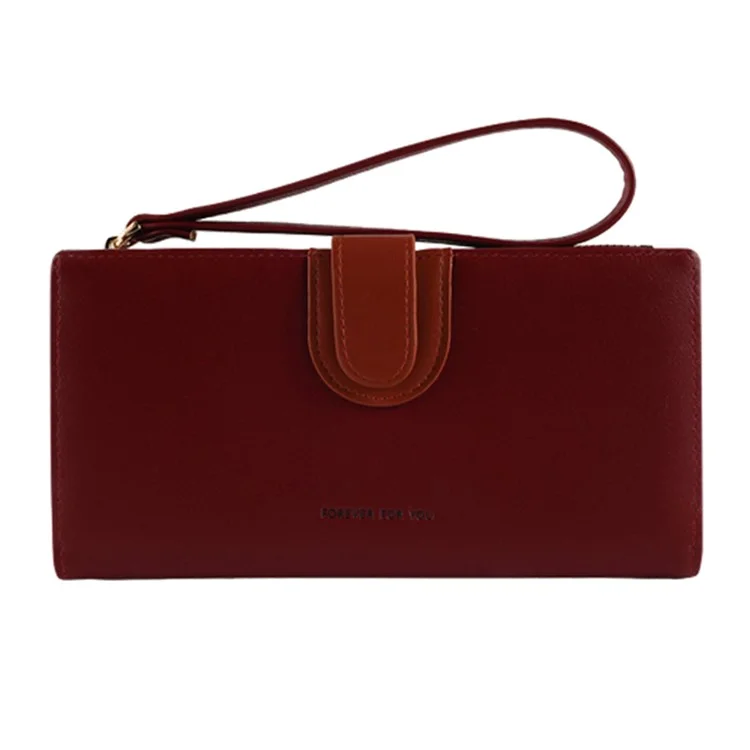 FFY FY22022-19 Ultra Slim Long Wallet Zipper Pocket PU Leather Women Clutch Bi-fold Purse with Wrist Strap - Red