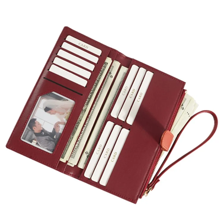 FFY FY22022-19 Ultra Slim Long Wallet Zipper Pocket PU Leather Women Clutch Bi-fold Purse with Wrist Strap - Red