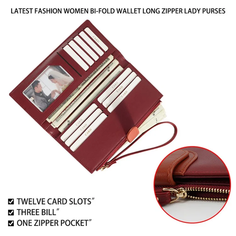 FFY FY22022-19 Ultra Slim Long Wallet Zipper Pocket PU Leather Women Clutch Bi-fold Purse with Wrist Strap - Red