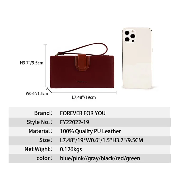 FFY FY22022-19 Ultra Slim Long Wallet Zipper Pocket PU Leather Women Clutch Bi-fold Purse with Wrist Strap - Red