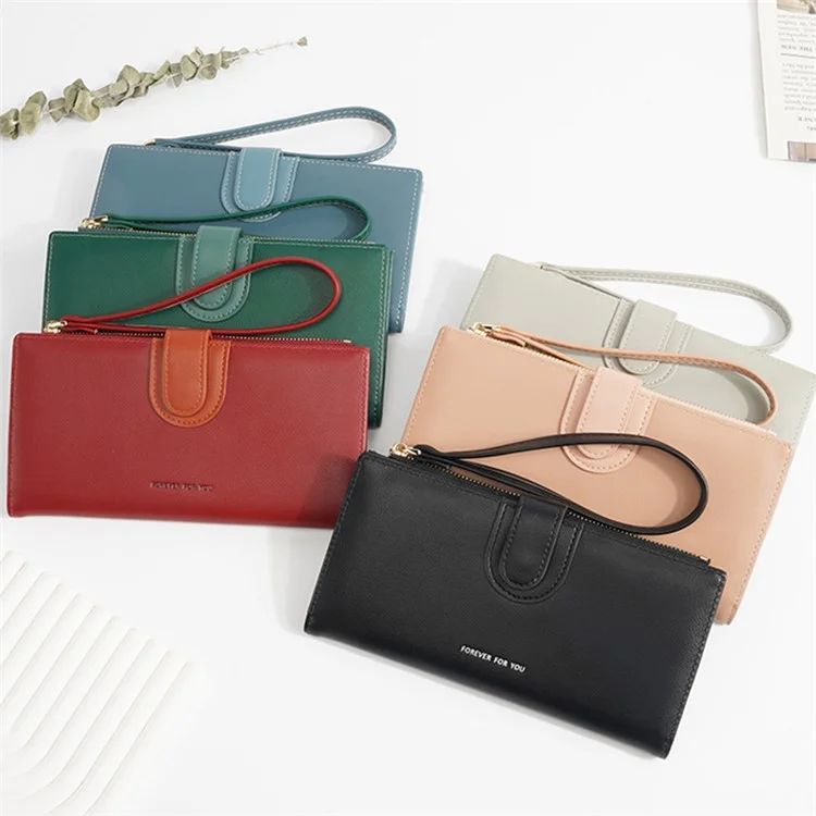 FFY FY22022-19 Ultra Slim Long Wallet Zipper Pocket PU Leather Women Clutch Bi-fold Purse with Wrist Strap - Red