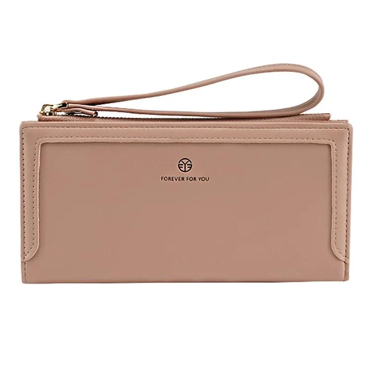 FFY FY22022-20 Women Bi-fold Long Purse PU Leather Clutch Wallet with Zipper Pocket and Wrist Strap - Pink
