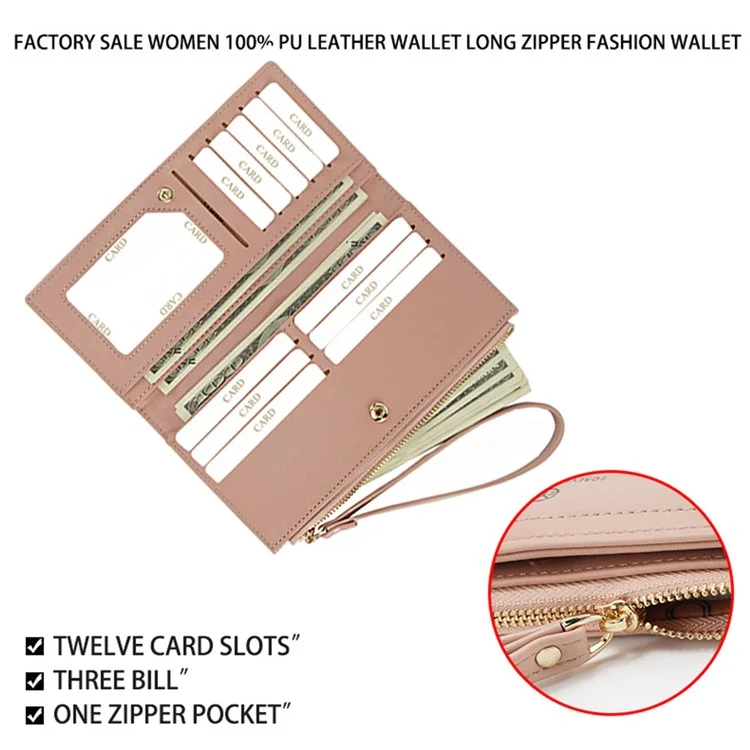 FFY FY22022-20 Women Bi-fold Long Purse PU Leather Clutch Wallet with Zipper Pocket and Wrist Strap - Pink