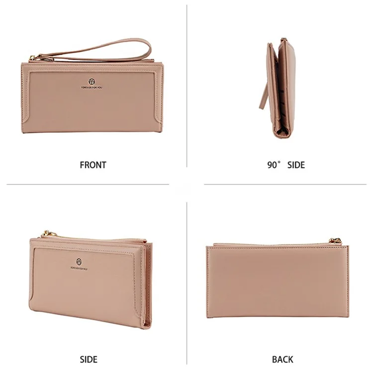 FFY FY22022-20 Women Bi-fold Long Purse PU Leather Clutch Wallet with Zipper Pocket and Wrist Strap - Pink