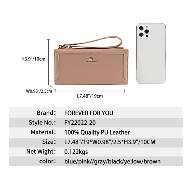 FFY FY22022-20 Women Bi-fold Long Purse PU Leather Clutch Wallet with Zipper Pocket and Wrist Strap - Pink