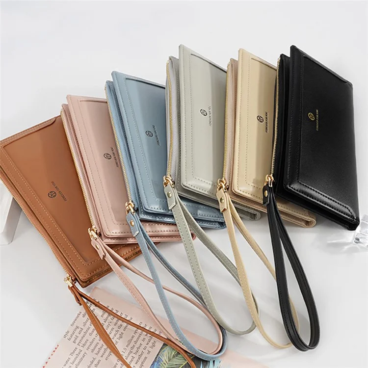 FFY FY22022-20 Women Bi-fold Long Purse PU Leather Clutch Wallet with Zipper Pocket and Wrist Strap - Pink