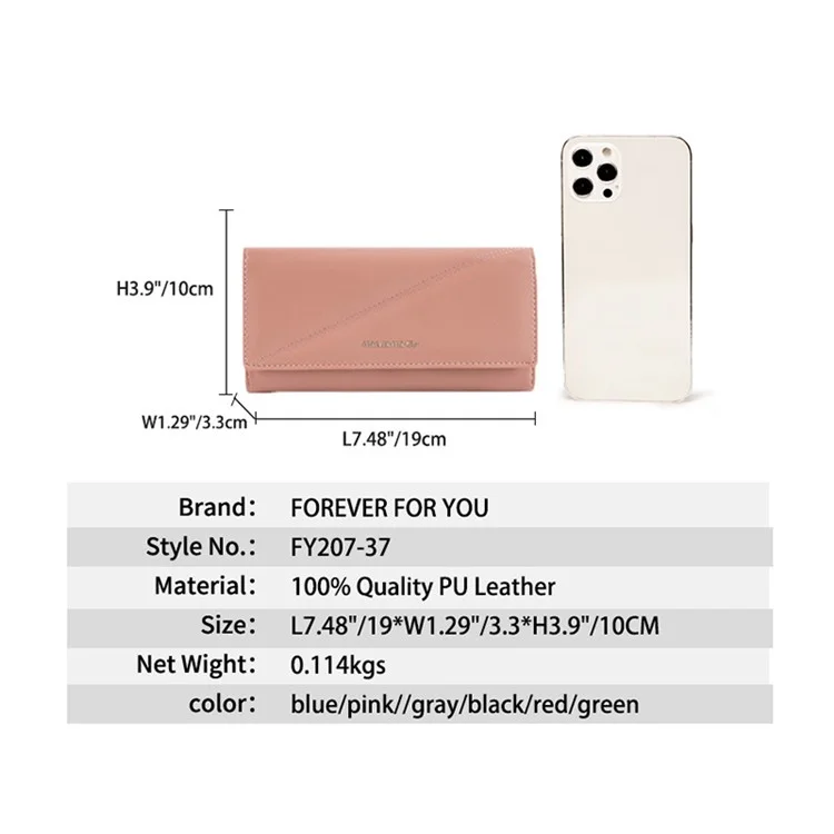 FFY FY207-37 Multiple Card Slots Tri-fold Long Purse PU Leather Women Clutch Wallet with Zipper Pocket - Pink