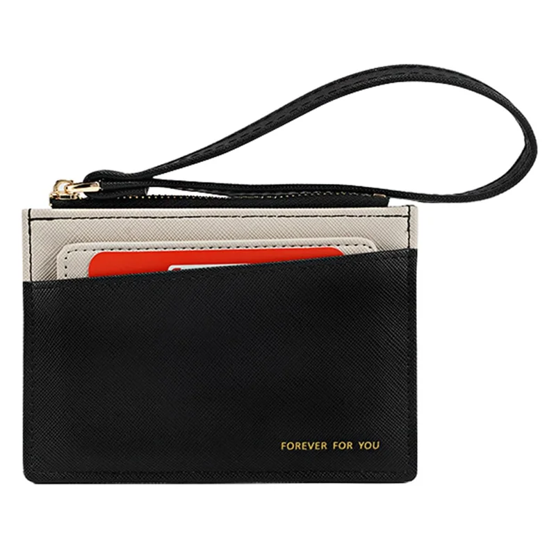 FFY FY1022-55 Solid Color Minimalist PU Leather Card Holder Zipper Coin Pocket Storage Bag with Hand Strap - Black