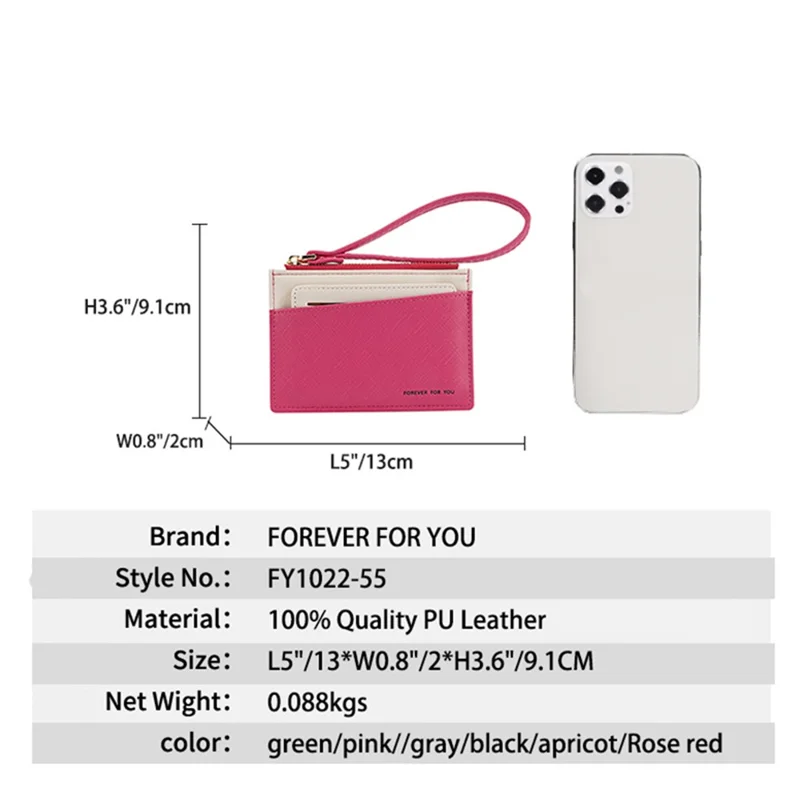 FFY FY1022-55 Solid Color Minimalist PU Leather Card Holder Zipper Coin Pocket Storage Bag with Hand Strap - Black