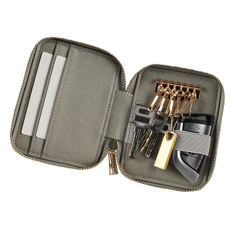 FFY FY1022-49 Portable Key Case Cross Texture PU Leather Key Holder Zipper Bag with 6 Hooks and 2 Card Slots - Grey