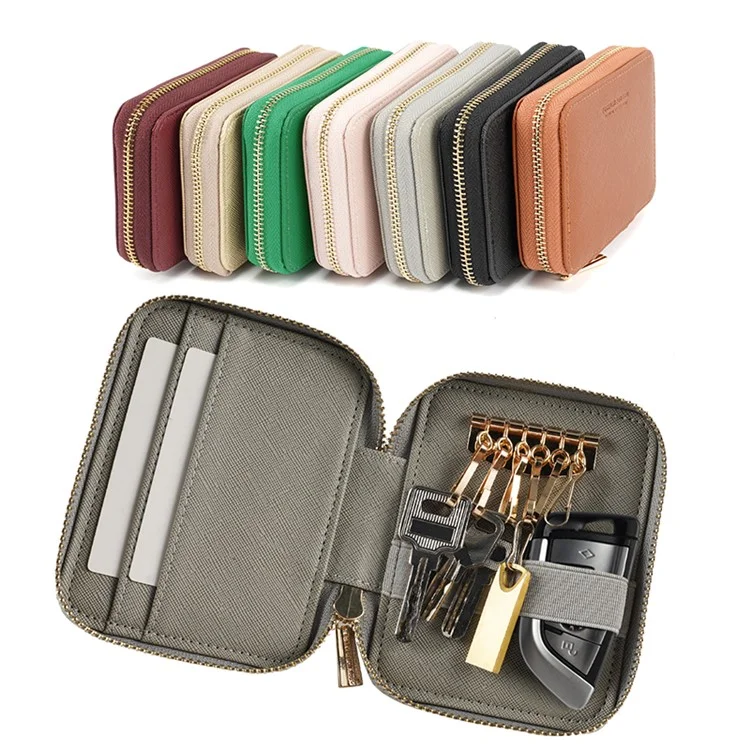 FFY FY1022-49 Portable Key Case Cross Texture PU Leather Key Holder Zipper Bag with 6 Hooks and 2 Card Slots - Grey