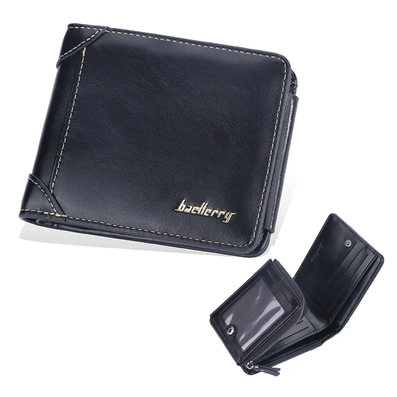 BAELLERRY D9190 Horizontal Tri-fold Short Wallet PU Leather Card Holder Pouch Zipper Coin Purse - Black