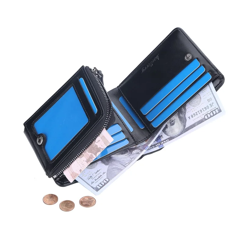 BAELLERRY D9190 Horizontal Tri-fold Short Wallet PU Leather Card Holder Pouch Zipper Coin Purse - Black