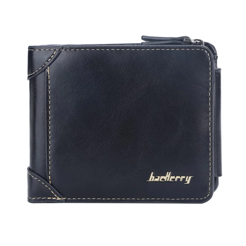 BAELLERRY D9190 Horizontal Tri-fold Short Wallet PU Leather Card Holder Pouch Zipper Coin Purse - Black