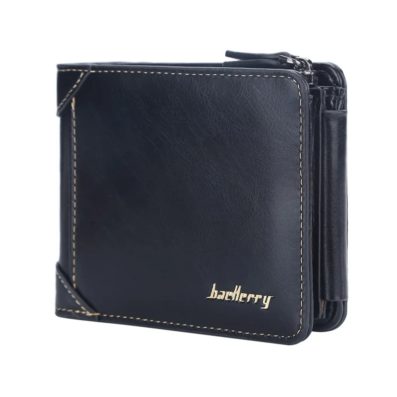 BAELLERRY D9190 Horizontal Tri-fold Short Wallet PU Leather Card Holder Pouch Zipper Coin Purse - Black