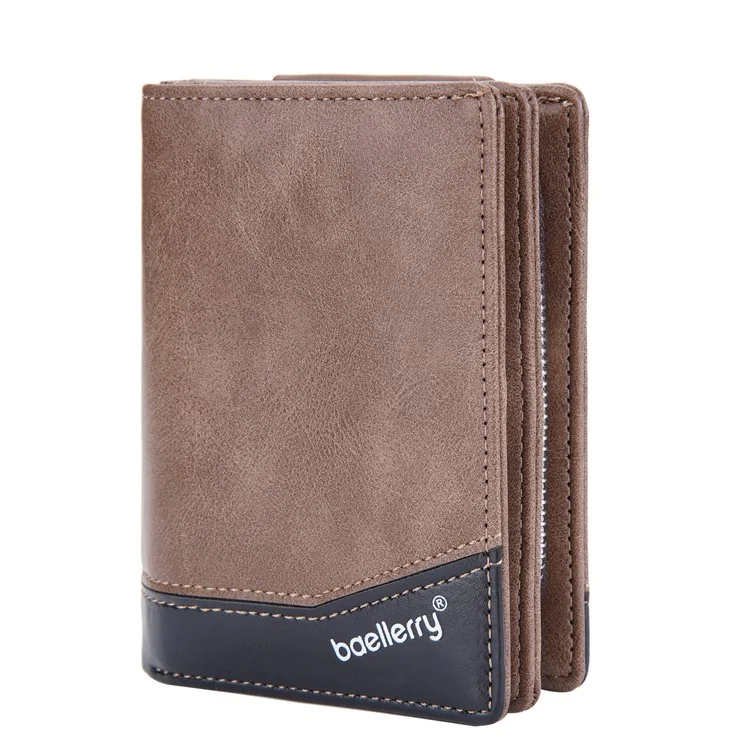 BAELLERRY D3246 Men Zipper Short Wallet PU Leather Bifold Purse Multi Card Slots Color Splicing Business Coin Purse Case - Brown