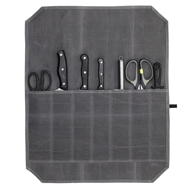 Impermeável Canvas Chef Faca Chef Tesoura Bolsa de Armazenamento Bolsa de Roll Saco 7 Slots Caixa de Transporte Para Ferramentas de Facas de Cozinha - Cinza