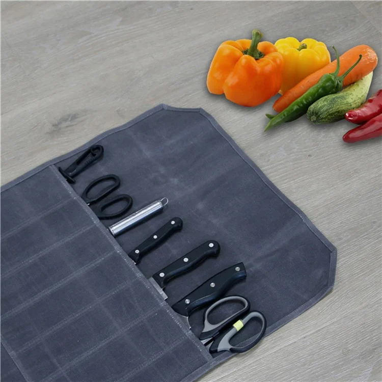 Impermeável Canvas Chef Faca Chef Tesoura Bolsa de Armazenamento Bolsa de Roll Saco 7 Slots Caixa de Transporte Para Ferramentas de Facas de Cozinha - Cinza