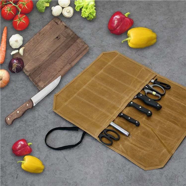 Impermeável Canvas Chef Faca Chef Tesoura Bolsa de Armazenamento Bolsa de Roll Saco 7 Slots Caixa de Transporte Para Ferramentas de Facas de Cozinha - Cinza