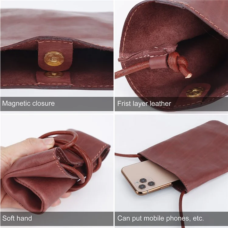 8860 Vertical Style Cowhide Leather Shoulder Bag Wallet Coin Card Phone Pouch with Long Strap - Red