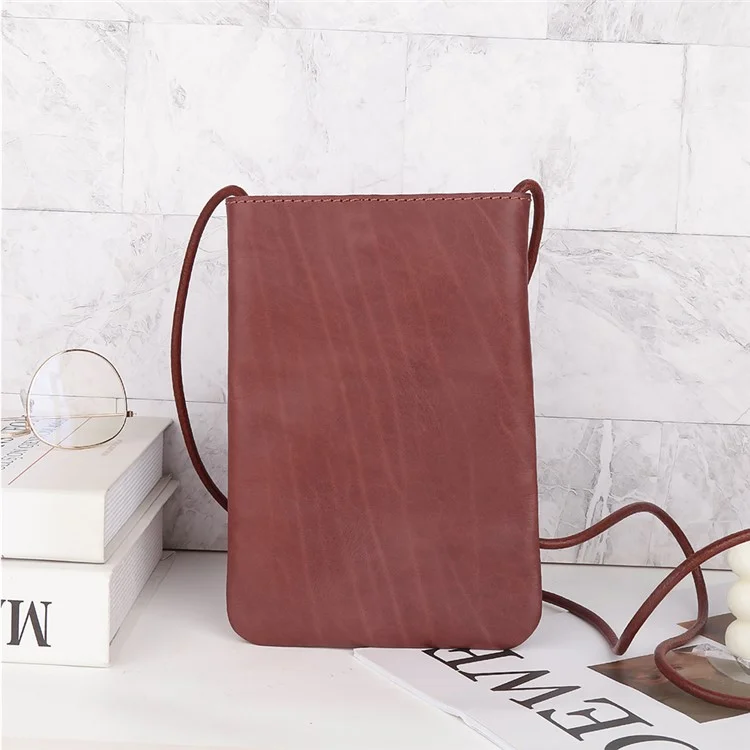 8860 Vertical Style Cowhide Leather Shoulder Bag Wallet Coin Card Phone Pouch with Long Strap - Red