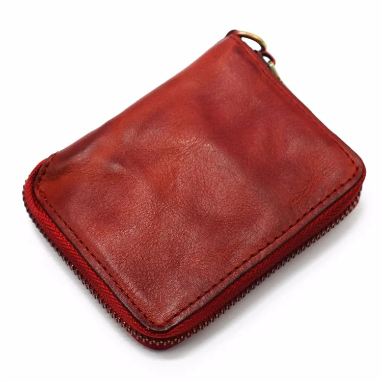 SG118 Men's Zippered Carteira Retrô Genuíno Couro Billfold Holder Saco de Moeda de Moeda Bolsa de Armazenamento - Vermelho