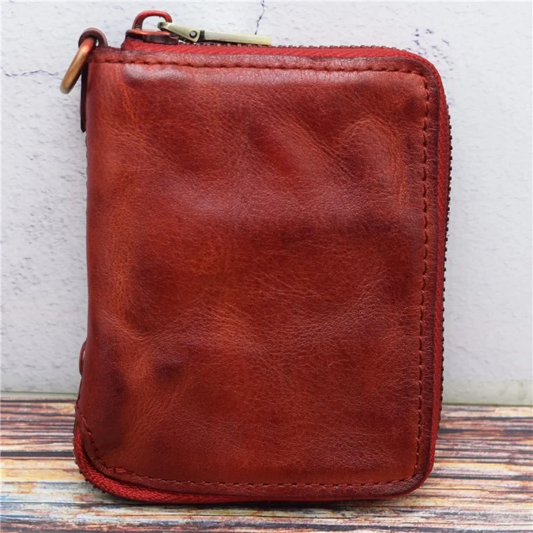 SG118 Men's Zippered Carteira Retrô Genuíno Couro Billfold Holder Saco de Moeda de Moeda Bolsa de Armazenamento - Vermelho
