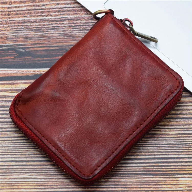 SG118 Men's Zippered Carteira Retrô Genuíno Couro Billfold Holder Saco de Moeda de Moeda Bolsa de Armazenamento - Vermelho