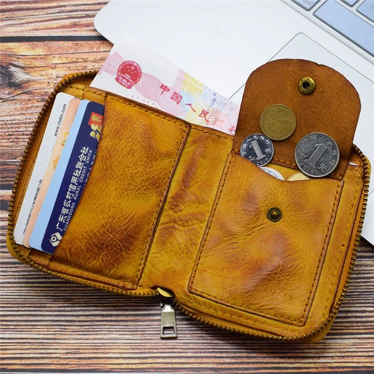 SG118 Men's Zippered Carteira Retrô Genuíno Couro Billfold Holder Saco de Moeda de Moeda Bolsa de Armazenamento - Vermelho