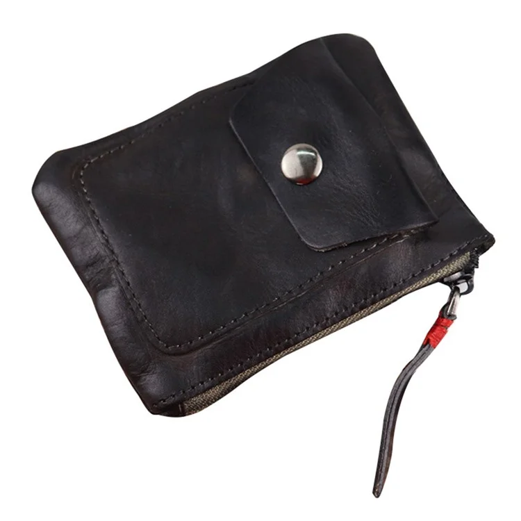 SG131 Cowhide Leather Zipper Change Holder Wallet Bag Vintage Mini Coin Purse Bank Card Storage Bag - Black Grey