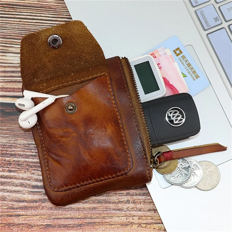 SG131 Cowhide Leather Zipper Change Holder Wallet Bag Vintage Mini Coin Purse Bank Card Storage Bag - Black Grey