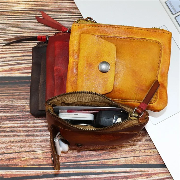 SG131 Cowhide Leather Zipper Change Holder Wallet Bag Vintage Mini Coin Purse Bank Card Storage Bag - Black Grey