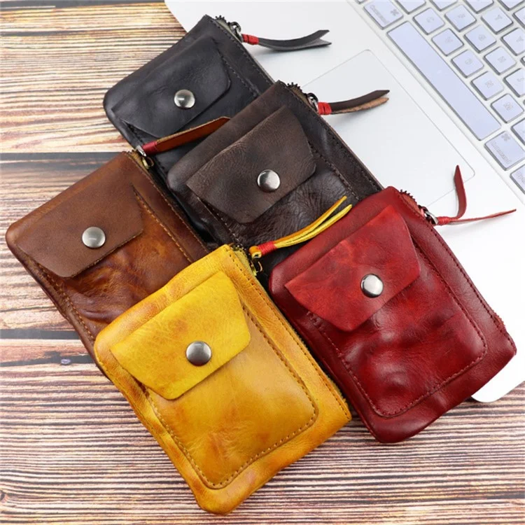 SG131 Cowhide Leather Zipper Change Holder Wallet Bag Vintage Mini Coin Purse Bank Card Storage Bag - Black Grey