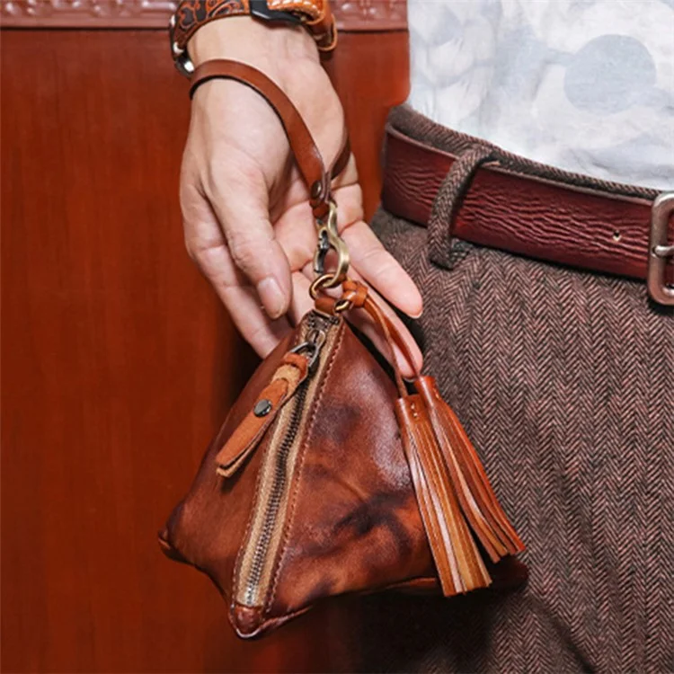 SG855 Genuine Leather Coin Change Key Storage Bag Wallet Wrist Bag Card Organization Pouch - Light Brown