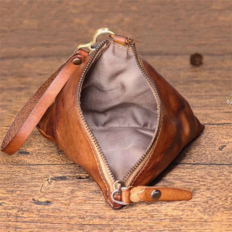 SG855 Genuine Leather Coin Change Key Storage Bag Wallet Wrist Bag Card Organization Pouch - Light Brown