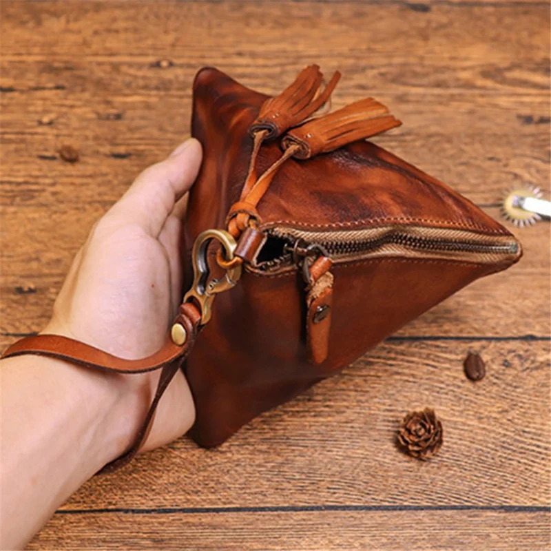 SG855 Genuine Leather Coin Change Key Storage Bag Wallet Wrist Bag Card Organization Pouch - Wine Red