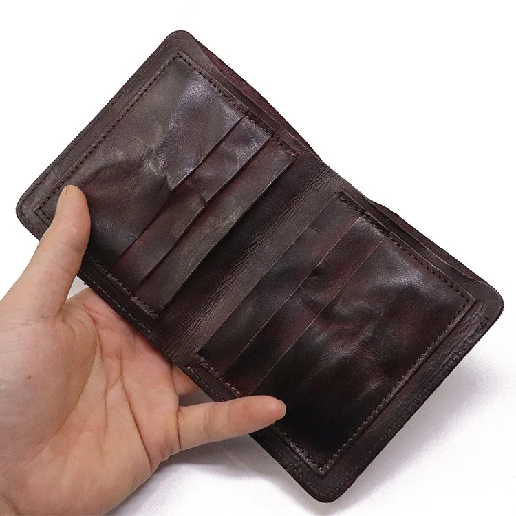 SG724 Top Layer Cowhide Leather Vintage Bi-fold Short Wallet Men Cash Cards Storage Bag - Coffee