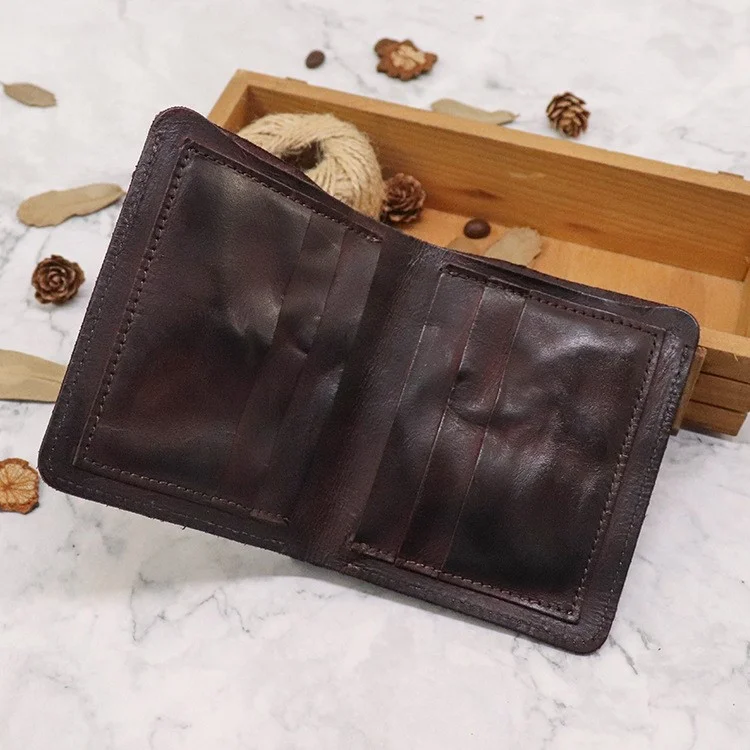 SG724 Top Layer Cowhide Leather Vintage Bi-fold Short Wallet Men Cash Cards Storage Bag - Coffee