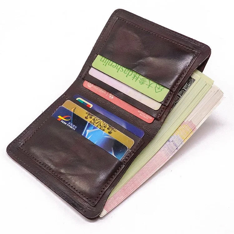 SG724 Top Layer Cowhide Leather Vintage Bi-fold Short Wallet Men Cash Cards Storage Bag - Coffee