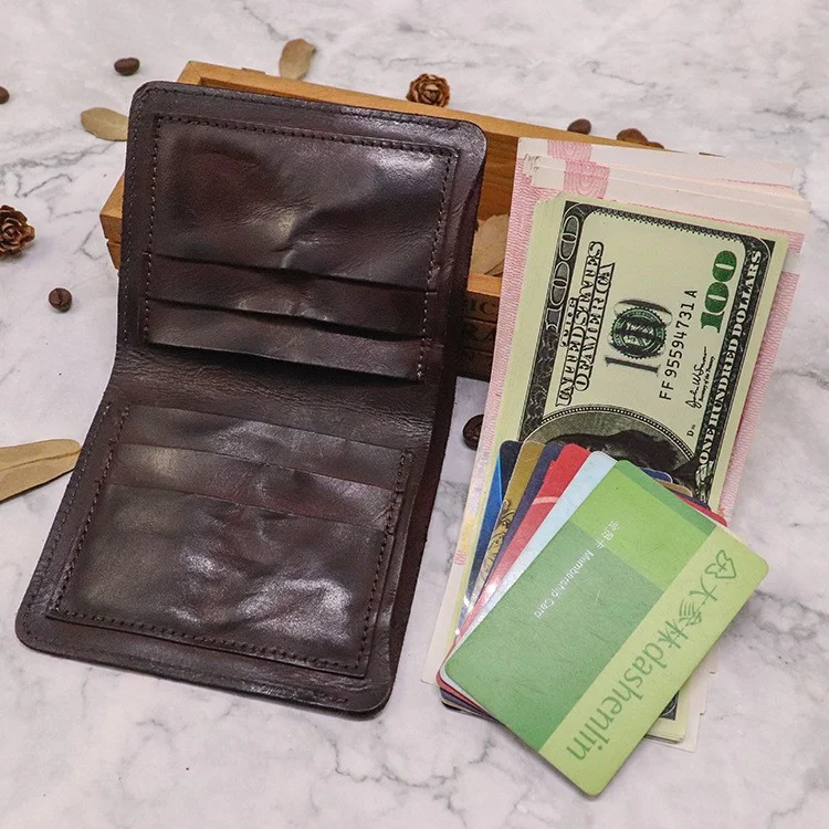 SG724 Top Layer Cowhide Leather Vintage Bi-fold Short Wallet Men Cash Cards Storage Bag - Coffee
