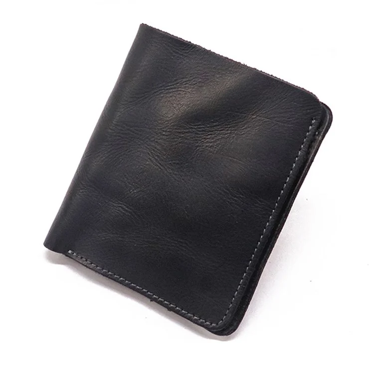 SG724 Top Layer Cowhide Leather Vintage Bi-fold Short Wallet Men Cash Cards Storage Bag - Black