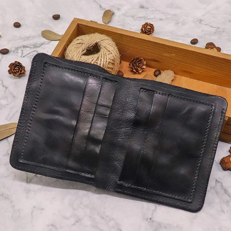 SG724 Top Layer Cowhide Leather Vintage Bi-fold Short Wallet Men Cash Cards Storage Bag - Black