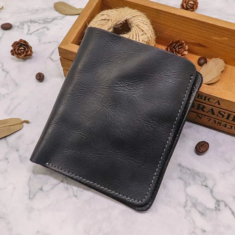 SG724 Top Layer Cowhide Leather Vintage Bi-fold Short Wallet Men Cash Cards Storage Bag - Black