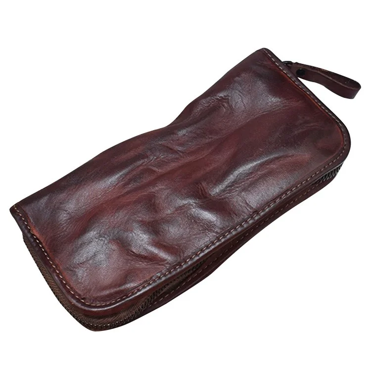 ZR001 Long Wallet Zipper Pocket Design Cellphone Purse Men Retro Wrinkled Top Layer Cowhide Leather Clutch - Coffee