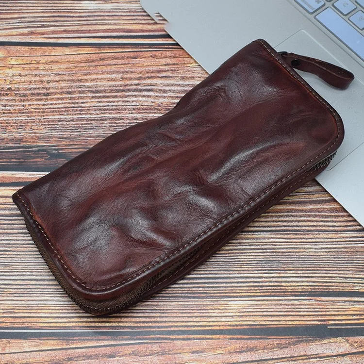 ZR001 Long Wallet Zipper Pocket Design Cellphone Purse Men Retro Wrinkled Top Layer Cowhide Leather Clutch - Coffee