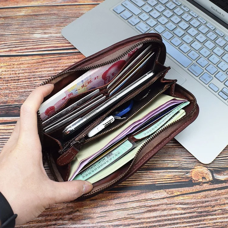 ZR001 Long Wallet Zipper Pocket Design Cellphone Purse Men Retro Wrinkled Top Layer Cowhide Leather Clutch - Coffee