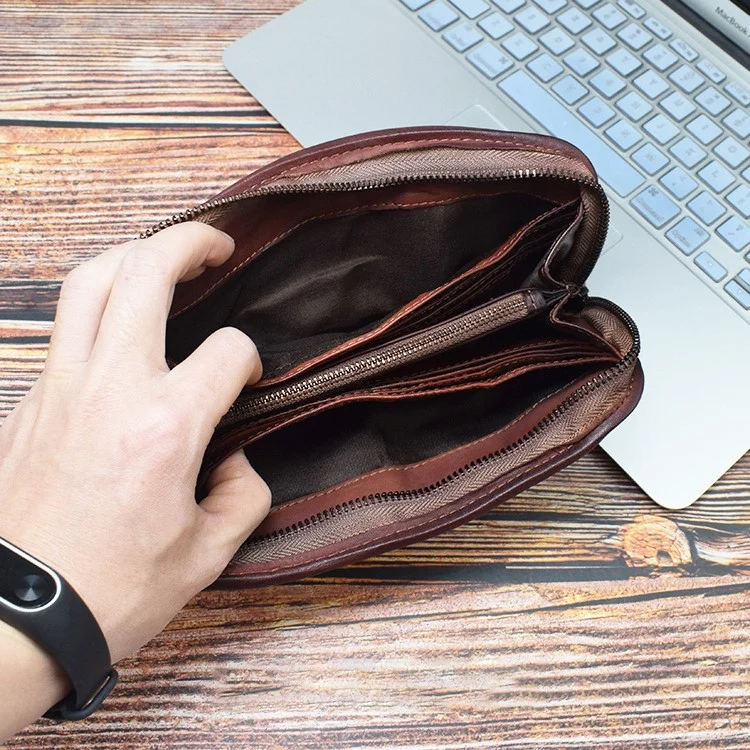 ZR001 Long Wallet Zipper Pocket Design Cellphone Purse Men Retro Wrinkled Top Layer Cowhide Leather Clutch - Coffee