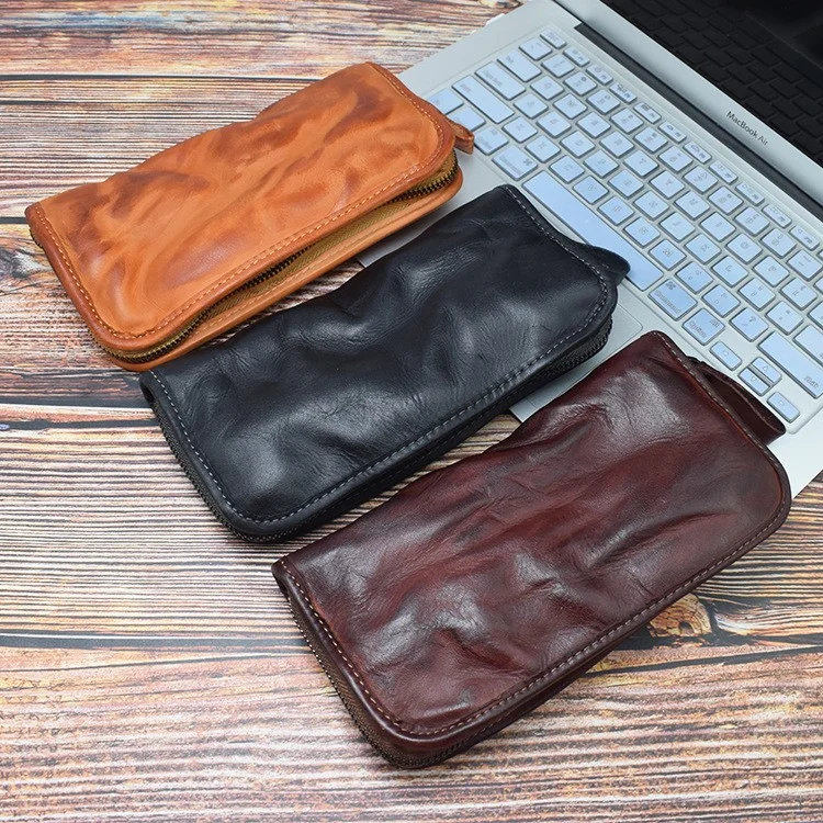 ZR001 Long Wallet Zipper Pocket Design Cellphone Purse Men Retro Wrinkled Top Layer Cowhide Leather Clutch - Coffee