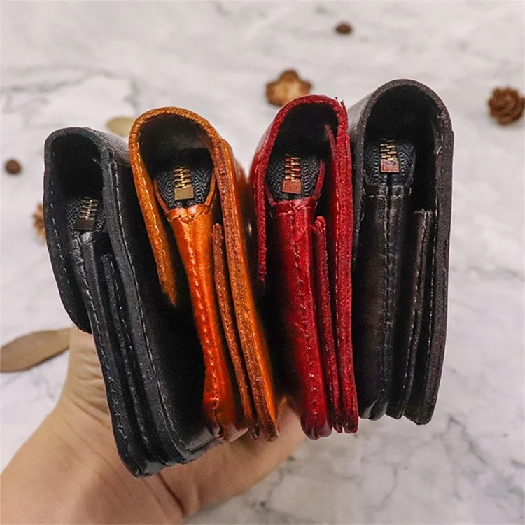 SG718 Mini Portamonete con Cerniera e Tasca Retro in Pelle di Mucca Rugosa - Colore Caffè