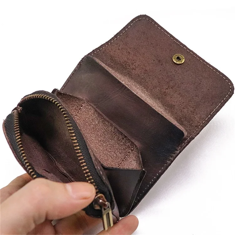 SG718 Mini Portamonete con Cerniera e Tasca Retro in Pelle di Mucca Rugosa - Colore Caffè